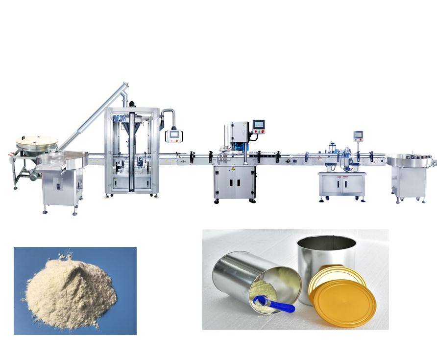 Línea de máquinas de polvo, proteína en polvo, leche en polvo Línea de llenado, sellado, etiquetado y tapado de un solo cabezal